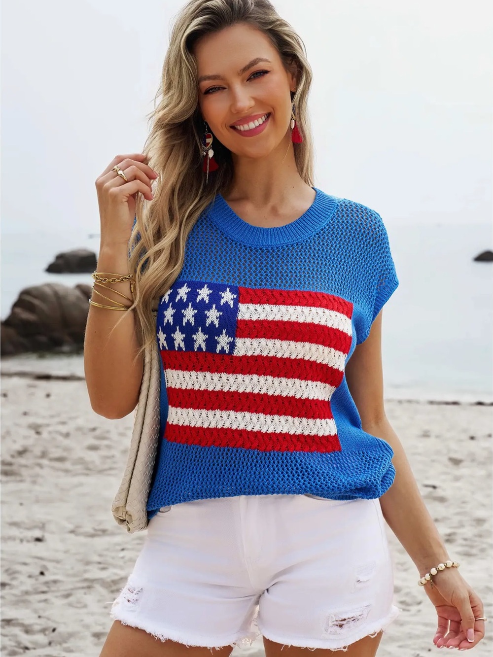 Blue Knit Tank Top with American Flag Front